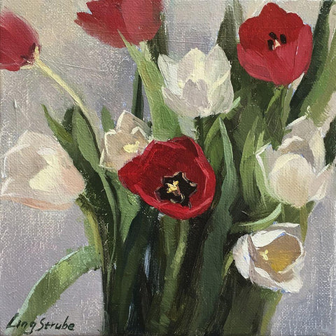 Red and White Tulips White Modern Wood Framed Art Print with Double Matting by Strube, Ling