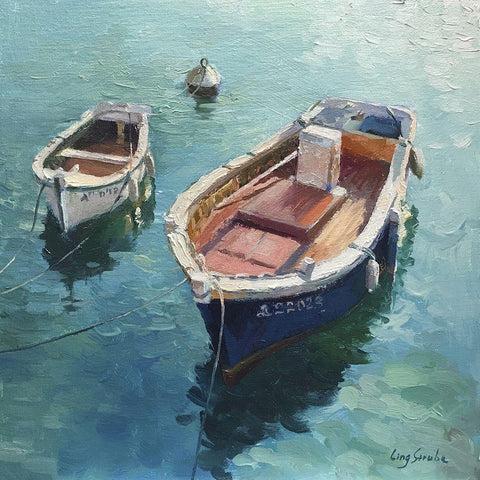 Two Boats White Modern Wood Framed Art Print with Double Matting by Strube, Ling