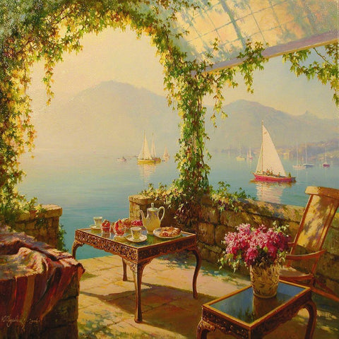 Porch by the Sea White Modern Wood Framed Art Print with Double Matting by Obuchovsky, Yury