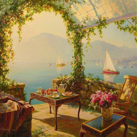 Porch by the Sea Gold Ornate Wood Framed Art Print with Double Matting by Obuchovsky, Yury