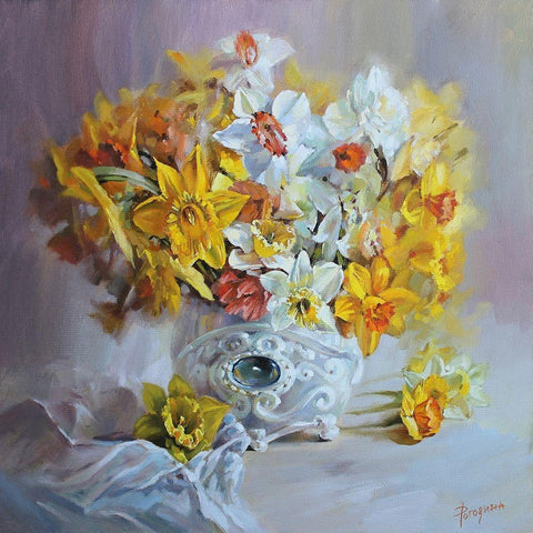 Daffodils in White Vase Black Modern Wood Framed Art Print by Rogozina, Svetlana
