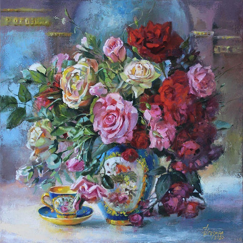 Pink Roses White Modern Wood Framed Art Print with Double Matting by Rogozina, Svetlana