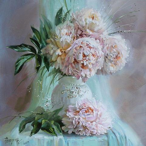 Tender Peonies White Modern Wood Framed Art Print with Double Matting by Rogozina, Svetlana