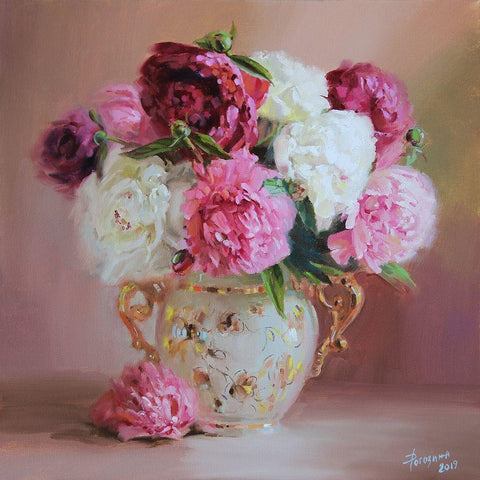 Bouquet of Peonies Black Ornate Wood Framed Art Print with Double Matting by Rogozina, Svetlana