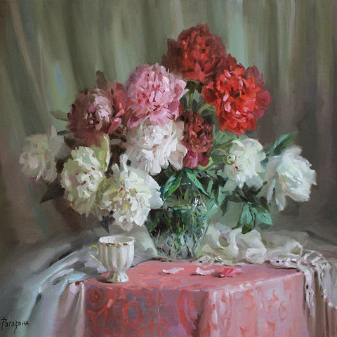 Still Life with Peonies Gold Ornate Wood Framed Art Print with Double Matting by Rogozina, Svetlana