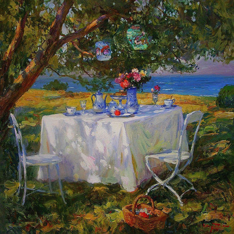 A Table in Garden I White Modern Wood Framed Art Print with Double Matting by Sviridov, Sergei