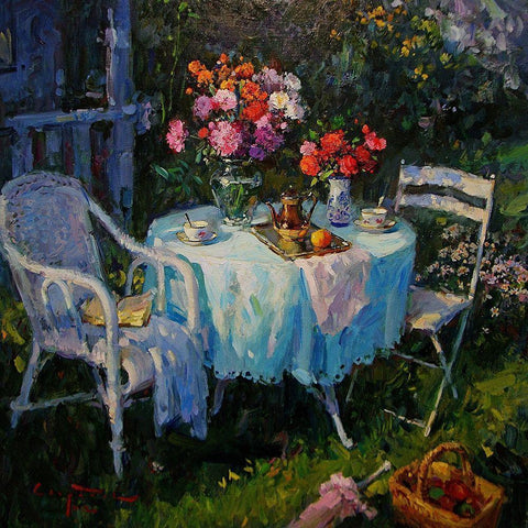 A Table in Garden II Black Modern Wood Framed Art Print by Sviridov, Sergei