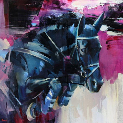 Horse on pink Background Black Modern Wood Framed Art Print with Double Matting by Bond