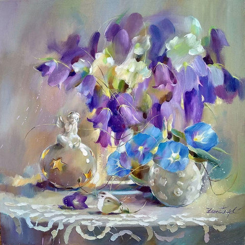 Blue and Purple Bouquet Black Modern Wood Framed Art Print by Zareckaye, Tatiana