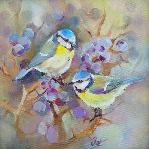 Blue Bird on a vine White Modern Wood Framed Art Print with Double Matting by Zareckaye, Tatiana