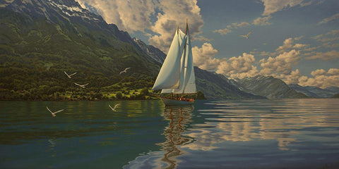 Sail on the Lake White Modern Wood Framed Art Print with Double Matting by Adamov, Alexey