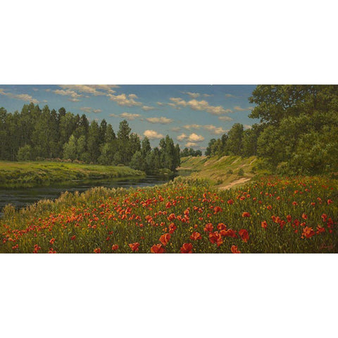 Poppies by the River White Modern Wood Framed Art Print by Adamov, Alexey