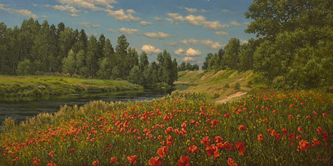 Poppies by the River Black Ornate Wood Framed Art Print with Double Matting by Adamov, Alexey