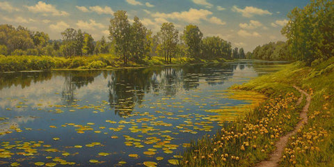 Water Lilies on the River Black Ornate Wood Framed Art Print with Double Matting by Adamov, Alexey