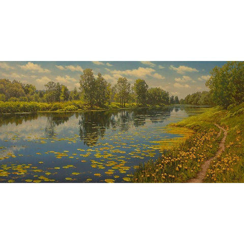 Water Lilies on the River Black Modern Wood Framed Art Print by Adamov, Alexey