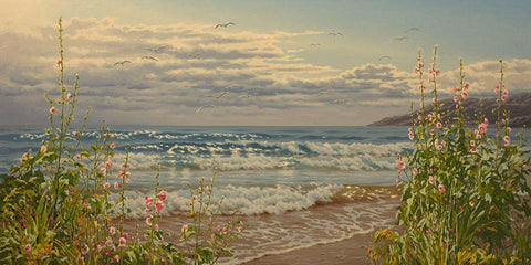 Flowers by the Sea White Modern Wood Framed Art Print with Double Matting by Adamov, Alexey