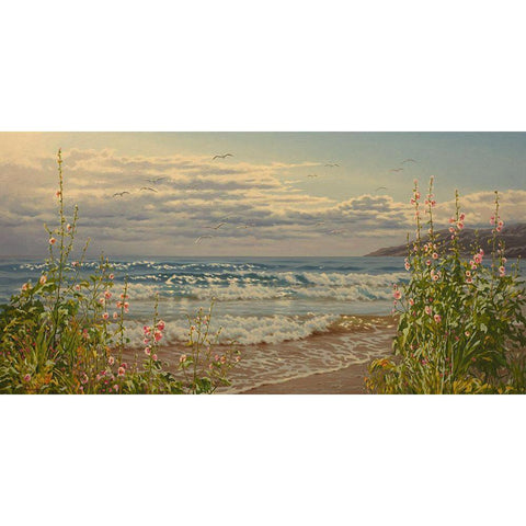 Flowers by the Sea White Modern Wood Framed Art Print by Adamov, Alexey