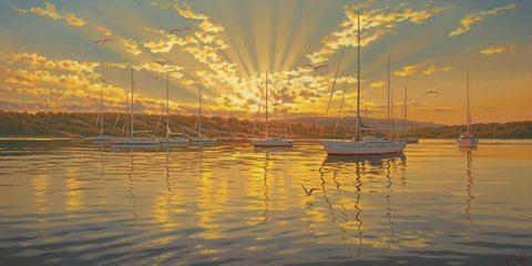 Sails in Harbour by the Sunset White Modern Wood Framed Art Print with Double Matting by Adamov, Alexey