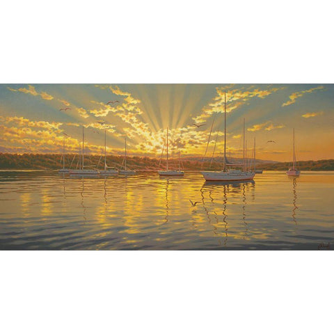 Sails in Harbour by the Sunset Black Modern Wood Framed Art Print by Adamov, Alexey