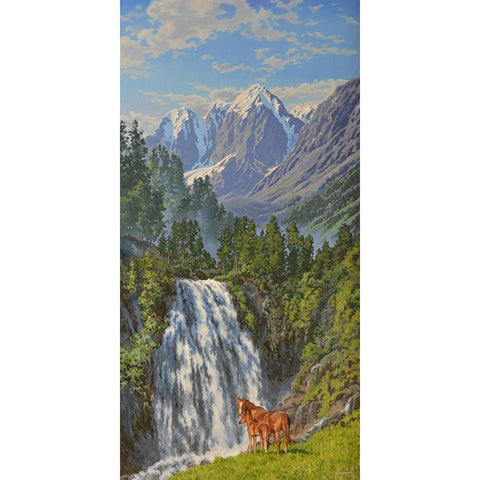 Horses by Waterfall in the Mountains Black Modern Wood Framed Art Print with Double Matting by Adamov, Alexey