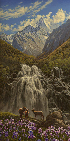 Capricorn by Waterfall in the Mountains White Modern Wood Framed Art Print with Double Matting by Adamov, Alexey