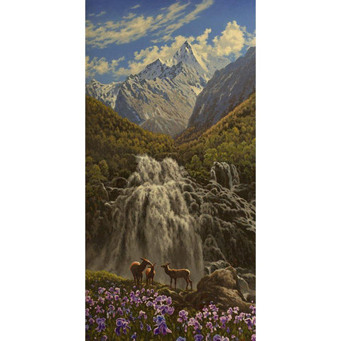 Capricorn by Waterfall in the Mountains White Modern Wood Framed Art Print by Adamov, Alexey