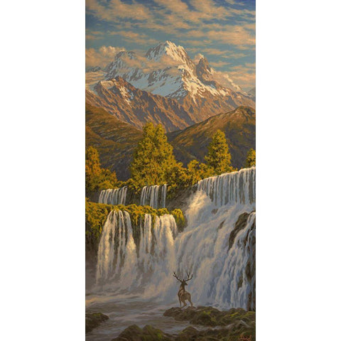 Deer by Waterfall in the Mountains Black Modern Wood Framed Art Print with Double Matting by Adamov, Alexey