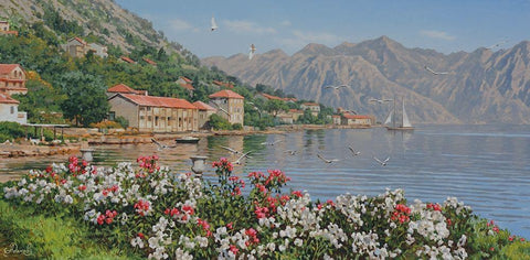 Kotor Bay White Modern Wood Framed Art Print with Double Matting by Adamov, Alexey