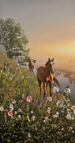 Horses by River Don Black Ornate Wood Framed Art Print with Double Matting by Adamov, Alexey