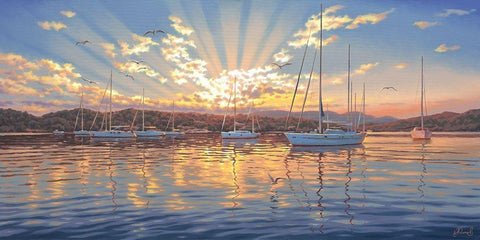Sunrise Above the Yacht White Modern Wood Framed Art Print with Double Matting by Adamov, Alexey