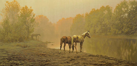 Horses in the Fog White Modern Wood Framed Art Print with Double Matting by Adamov, Alexey