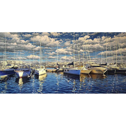 Yachts in Port White Modern Wood Framed Art Print by Adamov, Alexey