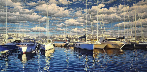 Yachts in Port Black Ornate Wood Framed Art Print with Double Matting by Adamov, Alexey