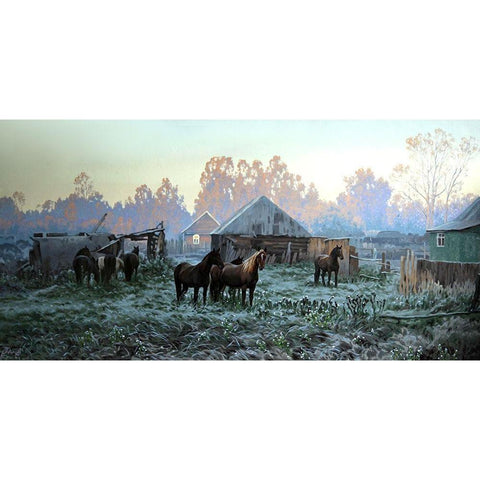 Horses in old Village White Modern Wood Framed Art Print by Adamov, Alexey