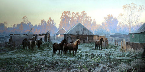 Horses in old Village Black Ornate Wood Framed Art Print with Double Matting by Adamov, Alexey