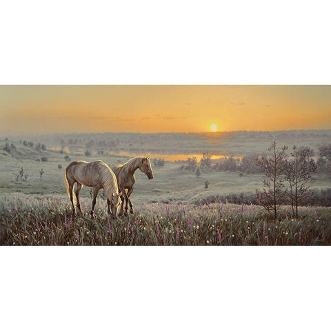 Horses by Sunrise  Black Modern Wood Framed Art Print with Double Matting by Adamov, Alexey