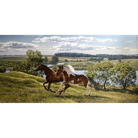 Horses by River Volga Black Modern Wood Framed Art Print with Double Matting by Adamov, Alexey