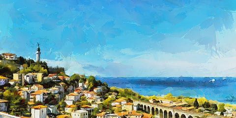 Coastal View with Statue Black Modern Wood Framed Art Print by Medeiros, Celito