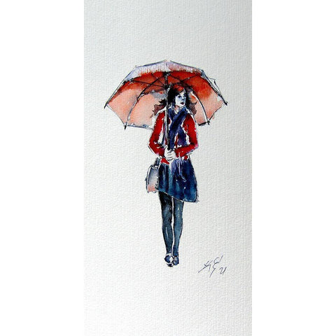 Walking Girl with Umbrella Black Modern Wood Framed Art Print with Double Matting by Kovacs, Anna Brigite