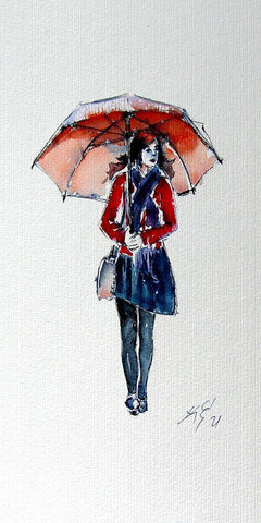 Walking Girl with Umbrella Black Ornate Wood Framed Art Print with Double Matting by Kovacs, Anna Brigite