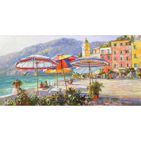 Umbrellas by the Sea White Modern Wood Framed Art Print by Obuchovsky, Yury
