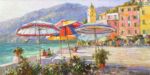 Umbrellas by the Sea White Modern Wood Framed Art Print with Double Matting by Obuchovsky, Yury