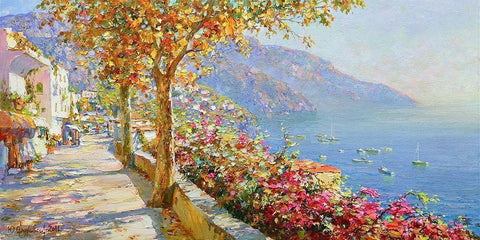 October in Positano White Modern Wood Framed Art Print with Double Matting by Obuchovsky, Yury