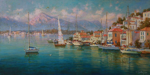 Island Poros White Modern Wood Framed Art Print with Double Matting by Obuchovsky, Yury