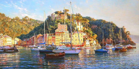 Portofino. Morning Light Black Ornate Wood Framed Art Print with Double Matting by Obuchovsky, Yury
