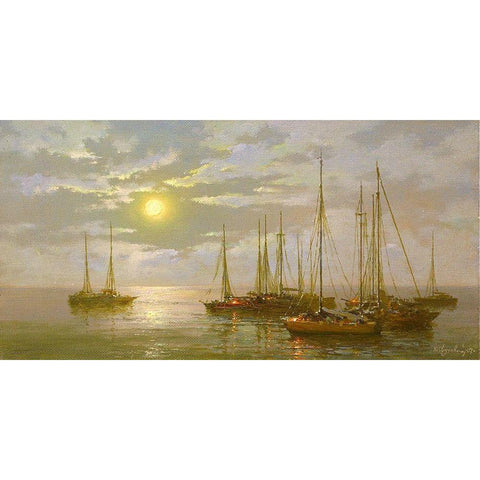 Ride. Moonlight Night Gold Ornate Wood Framed Art Print with Double Matting by Obuchovsky, Yury