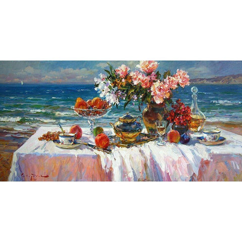 A Table by the Sea I Black Modern Wood Framed Art Print with Double Matting by Sviridov, Sergei