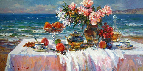 A Table by the Sea I White Modern Wood Framed Art Print with Double Matting by Sviridov, Sergei