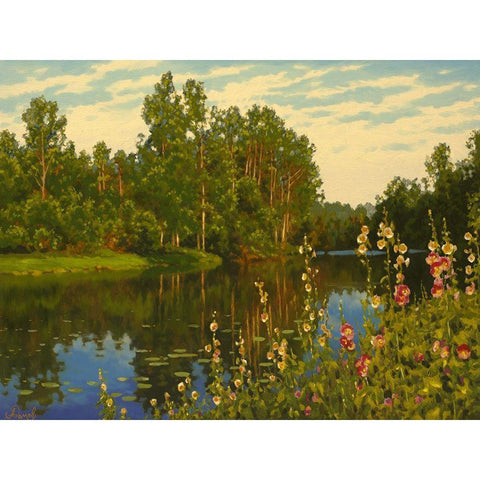 Flowers by the River Black Modern Wood Framed Art Print with Double Matting by Adamov, Alexey