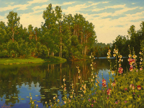 Flowers by the River White Modern Wood Framed Art Print with Double Matting by Adamov, Alexey